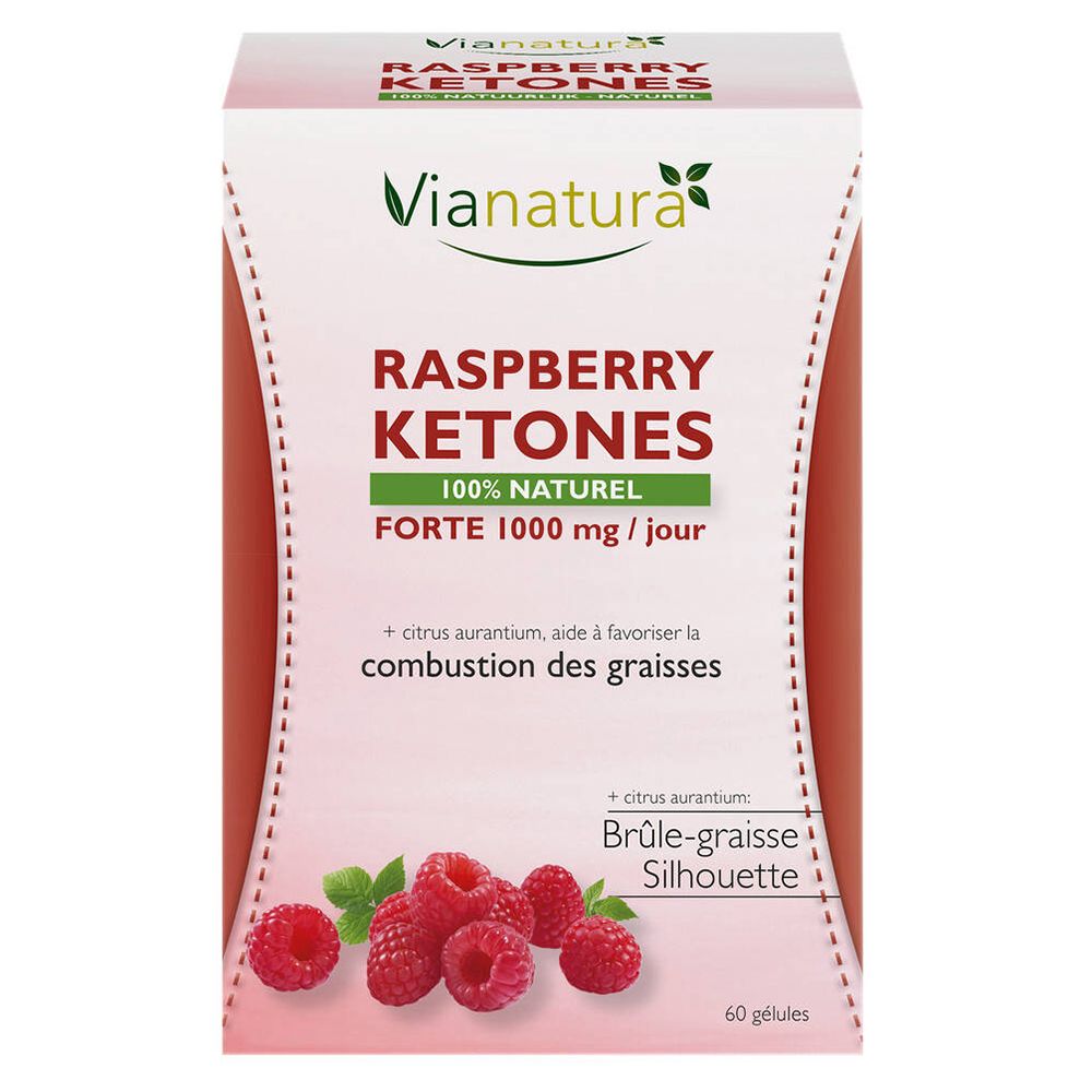 Boîte de ViaNatura Raspberry Ketones. Inscription : Raspberry Ketones, 100% naturel, Forte 1000 mg/jour. Illustration de framboises.