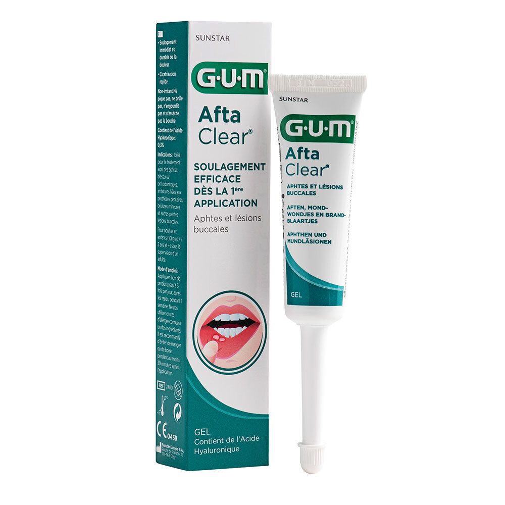 G-U-M Aftaclear gel verpakking en tube. Productnaam en logo zichtbaar. Bevat hyaluronzuur. Afbeelding toont mond met aften.