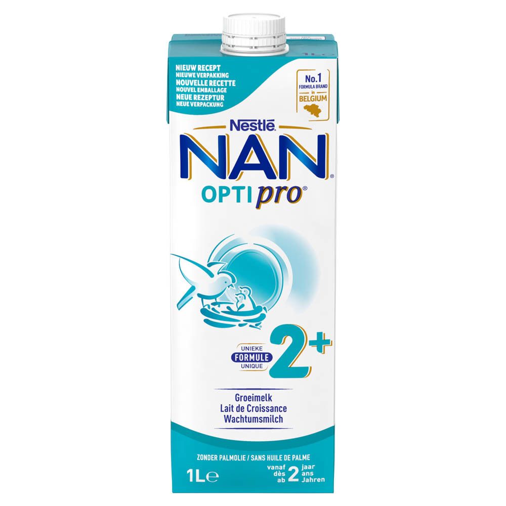 Brique Nestlé NAN OPTIPRO 2+ lait de croissance. Emballage bleu et blanc. 1L. Avec bouchon à vis.