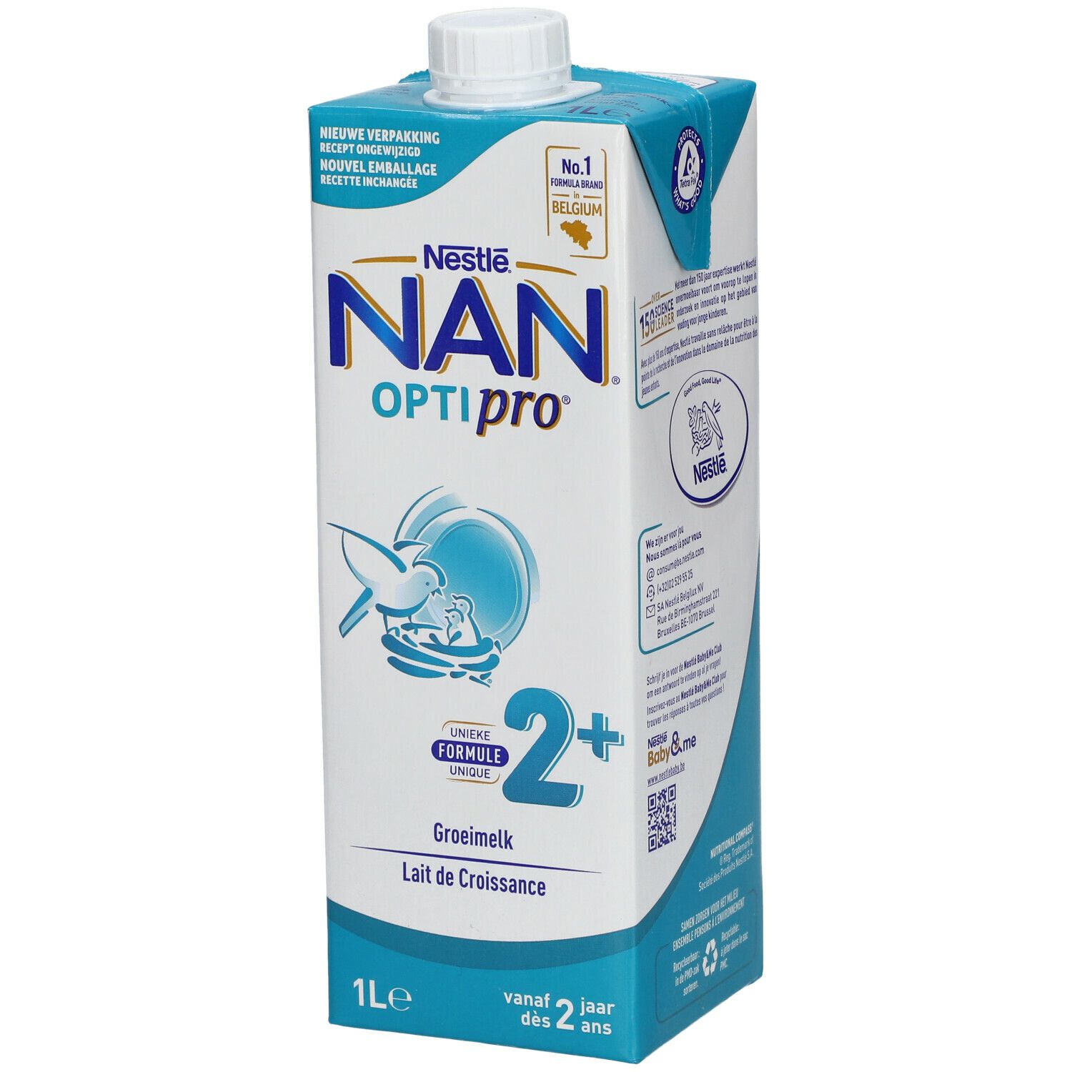 Brique Nestlé NAN OPTIPRO 2+ lait de croissance. Emballage bleu et blanc. 1L. Avec bouchon à vis.