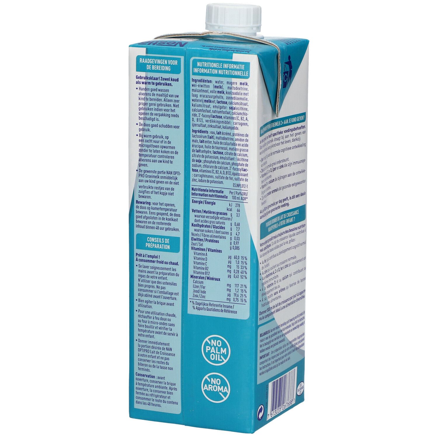 Dos de Nestlé NAN OPTIPRO 2+ lait de croissance. Texte en français, informations, logo, QR code, recyclage.
