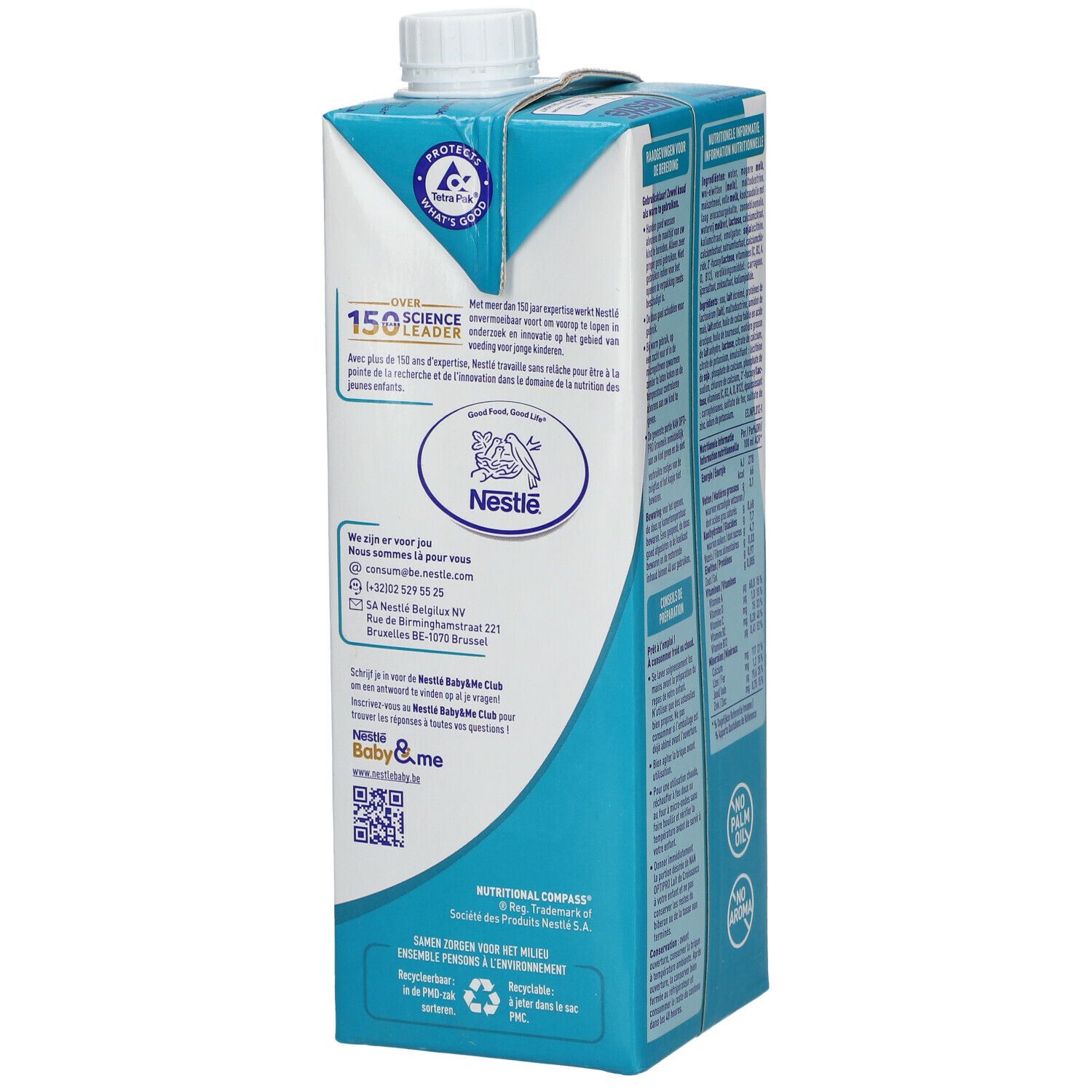 Dos de Nestlé NAN OPTIPRO 2+ lait de croissance. Texte en français, coordonnées, logo de recyclage.