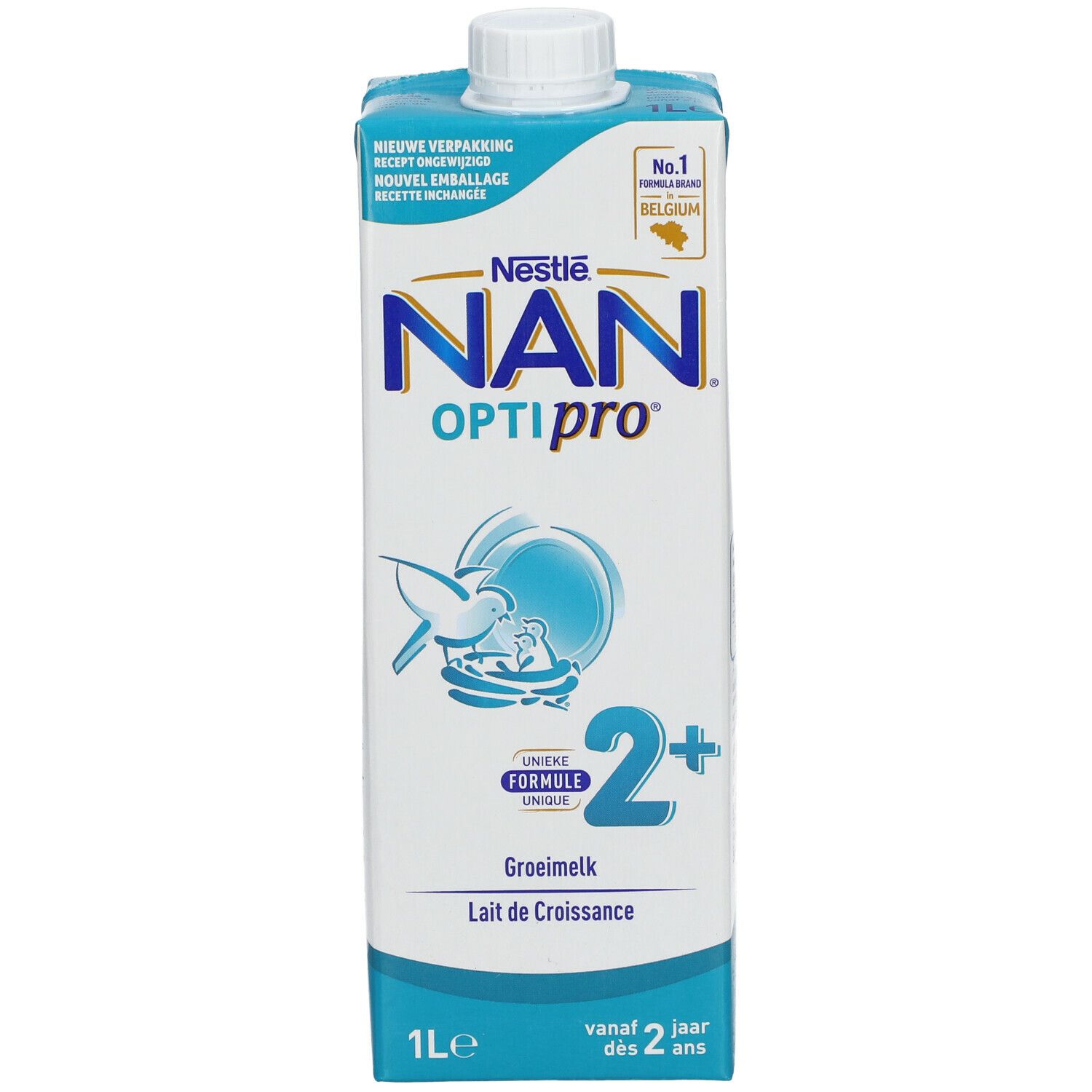 Brique Nestlé NAN OPTIPRO 2+ lait de croissance. Emballage bleu et blanc. 1L. Avec bouchon à vis.