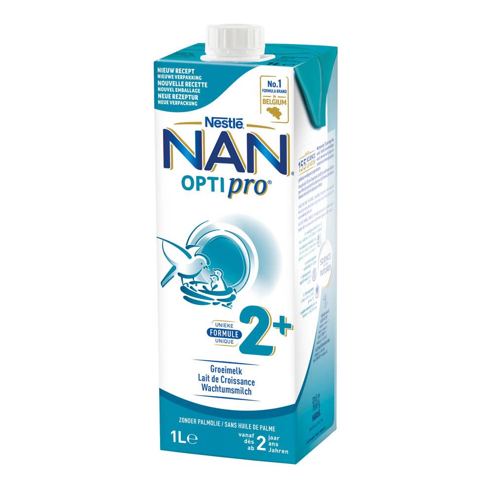 Brique Nestlé NAN OPTIPRO 2+ lait de croissance. Emballage bleu et blanc. 1L. Avec bouchon à vis.