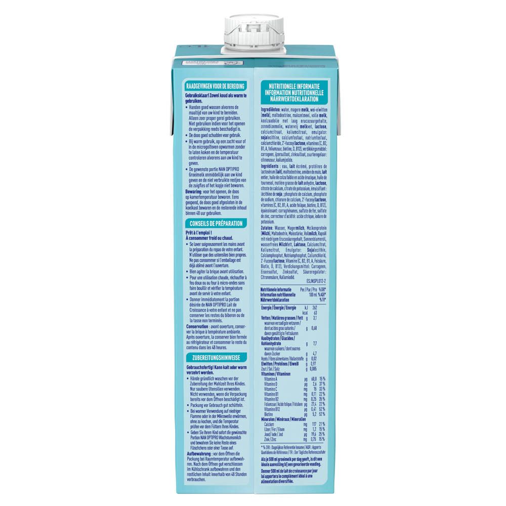 Dos de Nestlé NAN OPTIPRO 2+ lait de croissance. Texte en français, ingrédients, valeurs nutritionnelles, préparation.