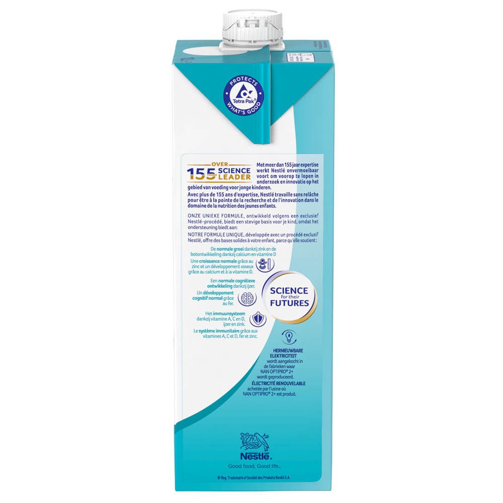 Dos de Nestlé NAN OPTIPRO 2+ lait de croissance. Texte en français, informations, logo, QR code, recyclage.