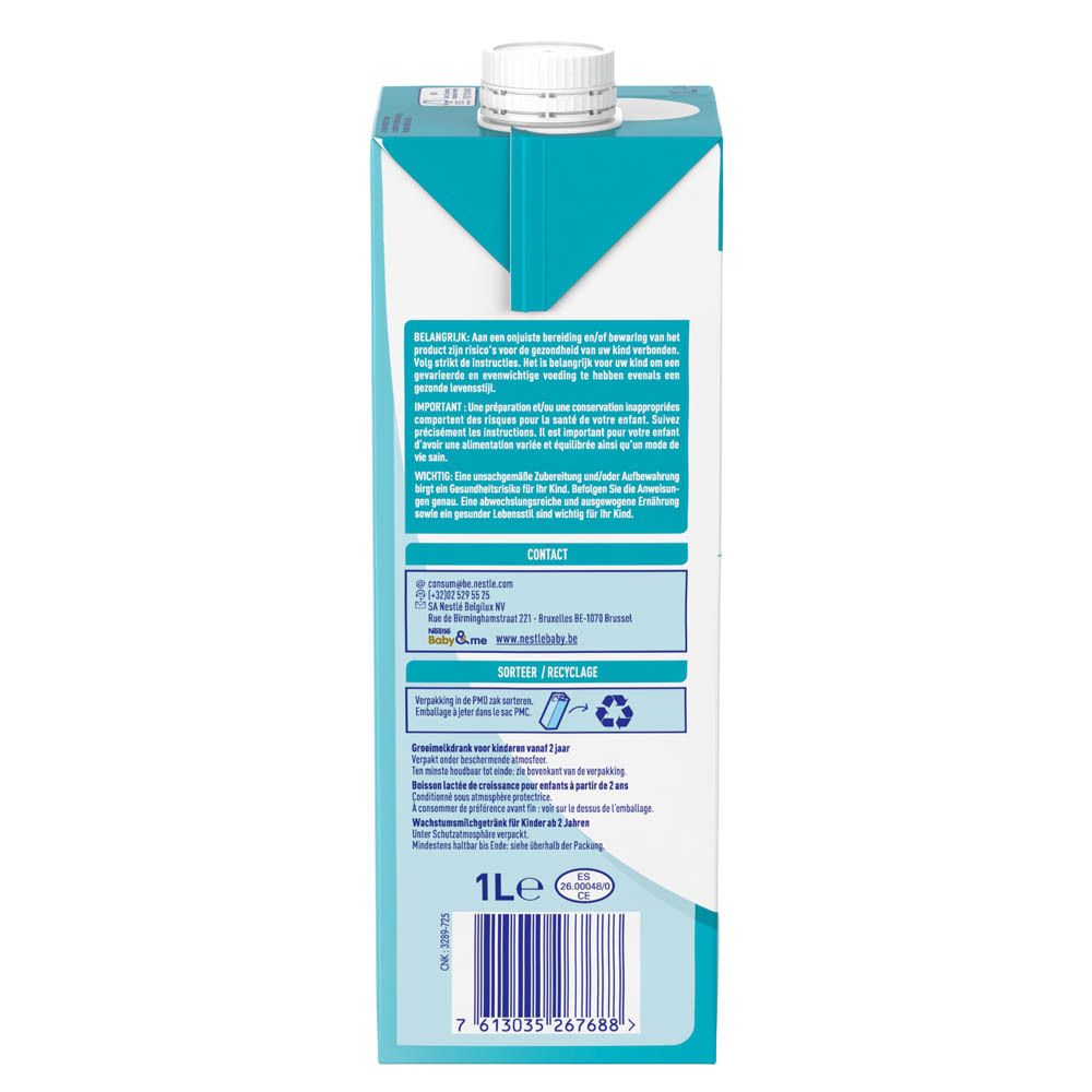 Dos de Nestlé NAN OPTIPRO 2+ lait de croissance. Texte en français, coordonnées, logo de recyclage.