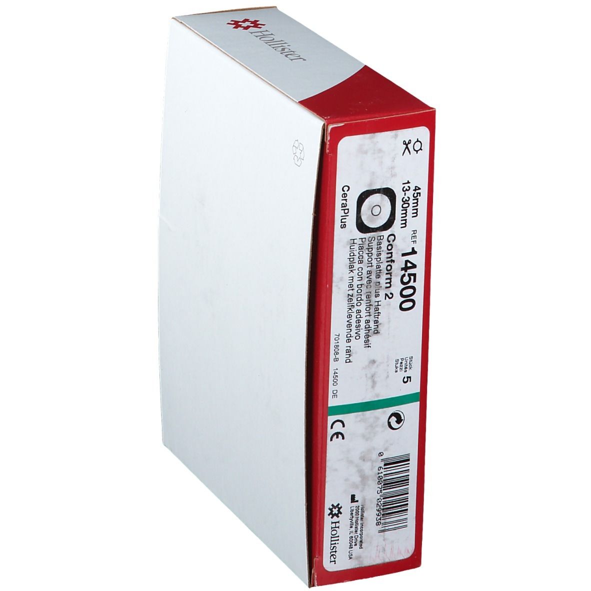 Boîte Hollister Conform 2 CeraPlus. Rouge et blanc, informations produit. Contient 5 unités, 13-30mm.
