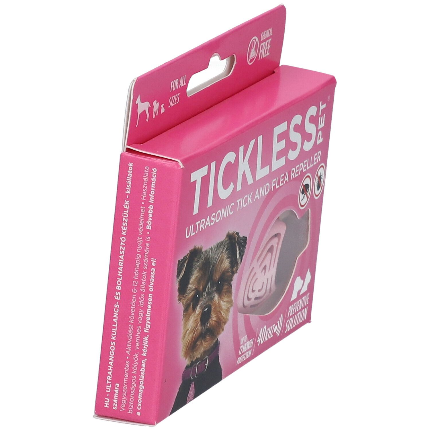 Rosa Tickless Pet Verpackung, Seitenansicht. Produktabbildung und Hund. Text: Ultraschall Zecken- und Flohschutzmittel. "Chemical Free" Logo.