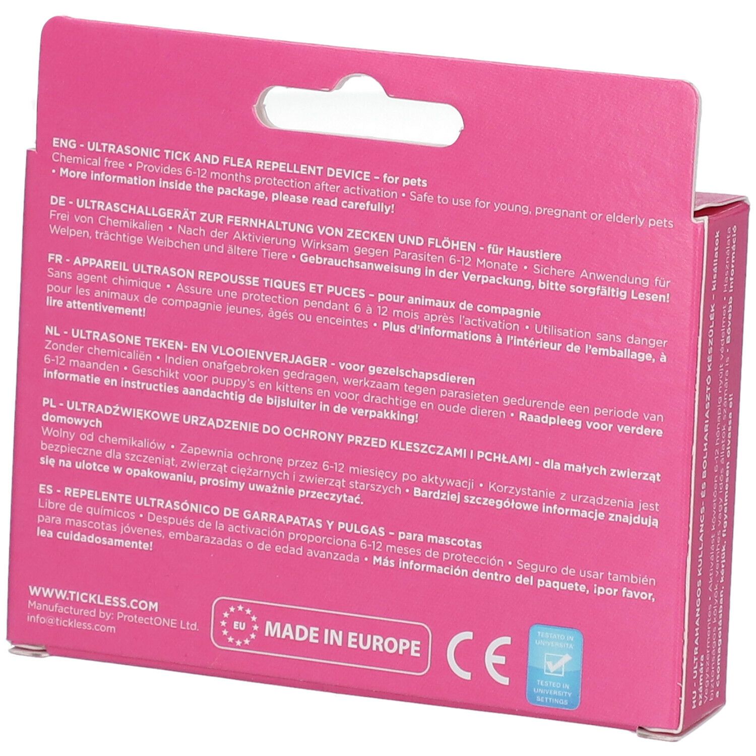 Rückseite der Tickless Pet Verpackung. Mehrsprachiger Text über das Produkt. CE-Kennzeichnung und "Made in Europe" Logo.
