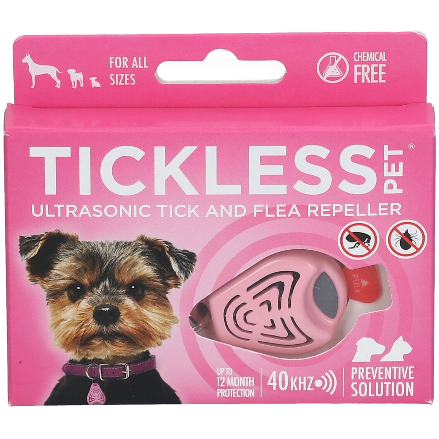 Rosa Tickless Pet Verpackung. Produkt und Hund abgebildet. Text: Ultraschall Zecken- und Flohschutzmittel. "Chemical Free" Logo.