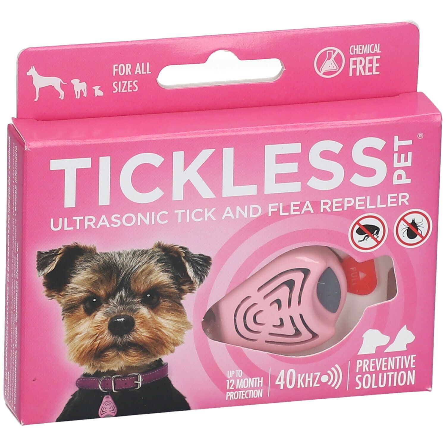 Rosa Tickless Pet Verpackung. Produkt und Hund abgebildet. Text: Ultraschall Zecken- und Flohschutzmittel. "Chemical Free" Logo.