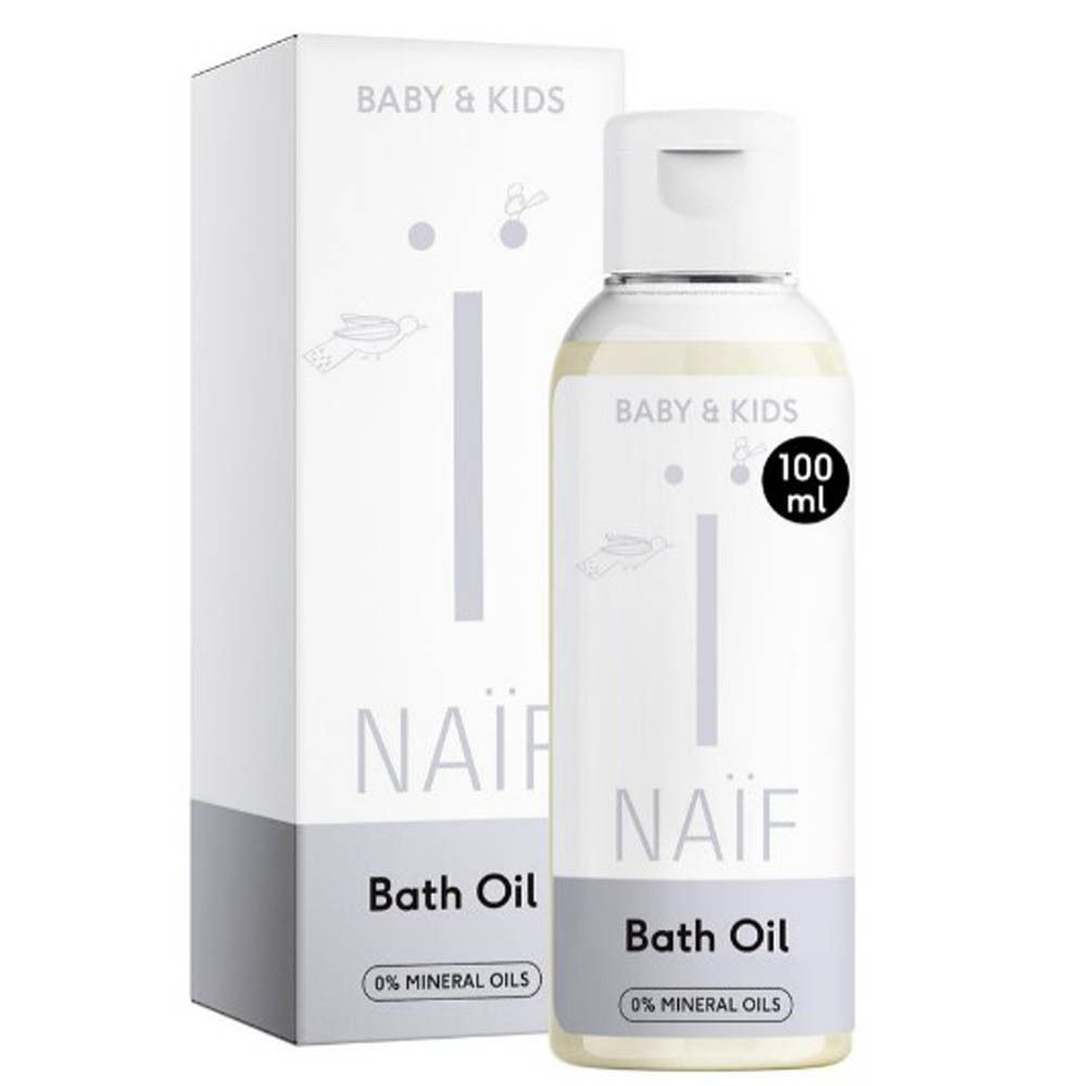 NAÏF Baby Huile de Bain. Bouteille avec bouchon blanc et emballage. Inscription: Bath Oil, 0% huiles minérales, 100 ml.