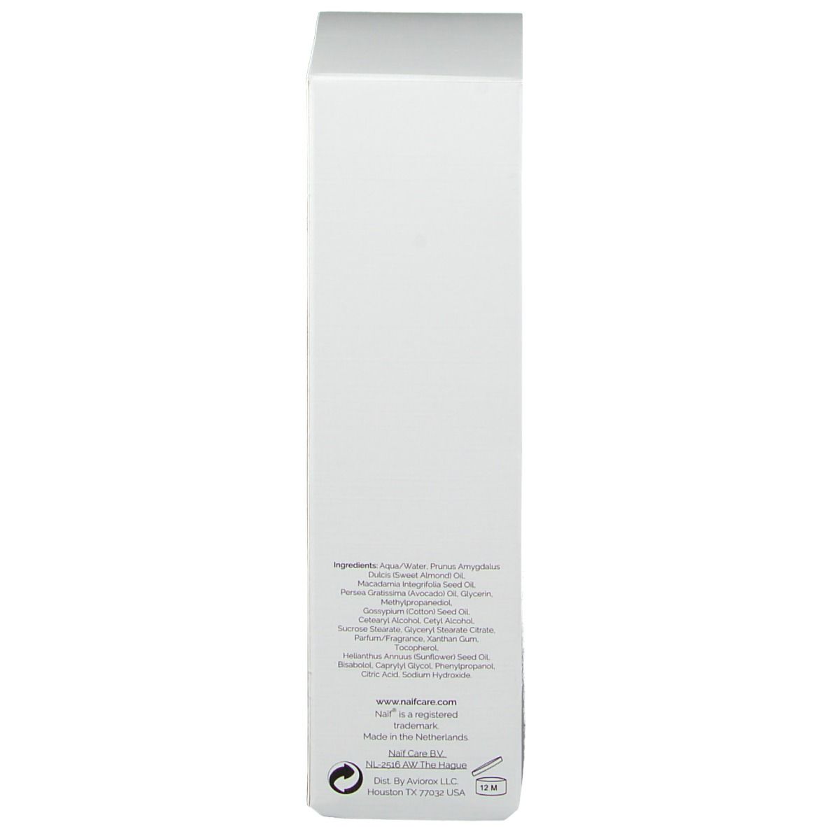 Kartonverpackung. Text in rosa Schrift. Aufschrift: Inhaltsstoffe, Kontaktinformationen, Vegan-Siegel.