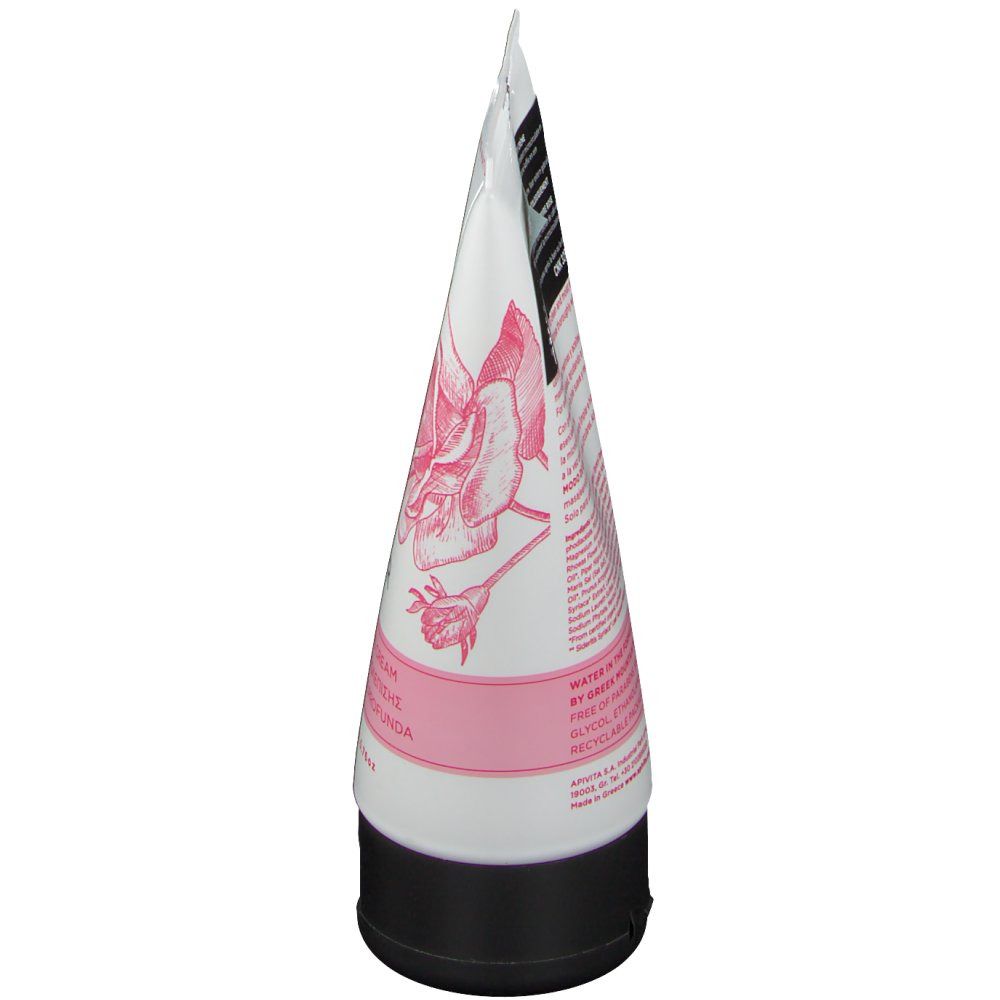 Tubo bianco-rosa con tappo nero. Stampa con motivo floreale e testo. Vista dal basso.