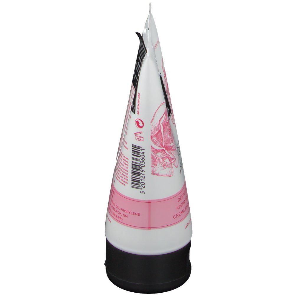 Tubo bianco-rosa con tappo nero. Stampa con motivo floreale e testo. Vista dal basso.
