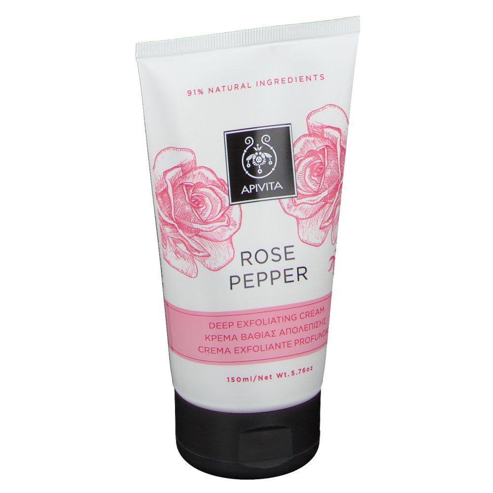 Tubo bianco con tappo nero. Stampa: Apivita, Rose Pepper, testo. 91% ingredienti naturali.
