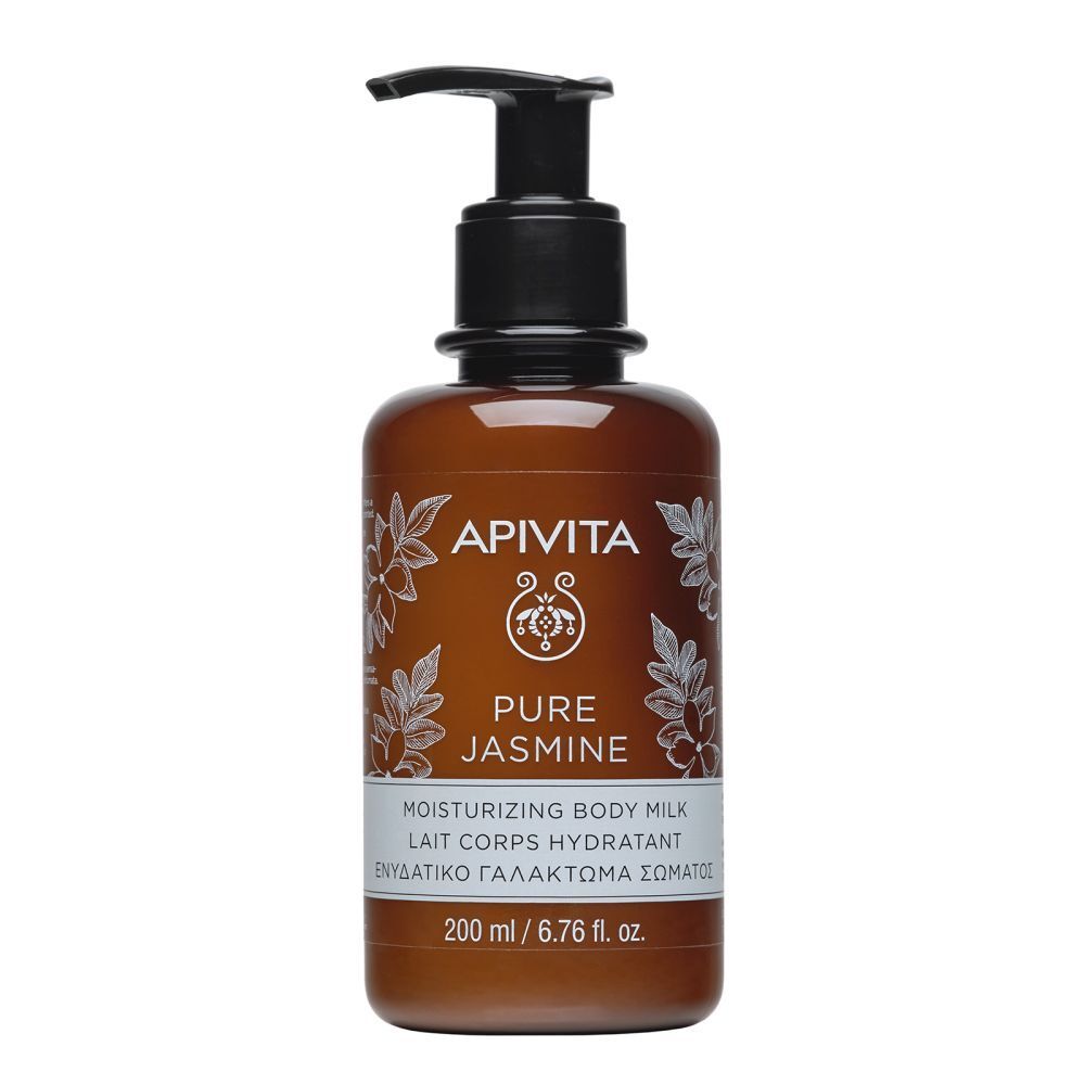 Flacon marron avec pompe. Inscription: Apivita Pure Jasmine, Lait Corps. 200 ml.