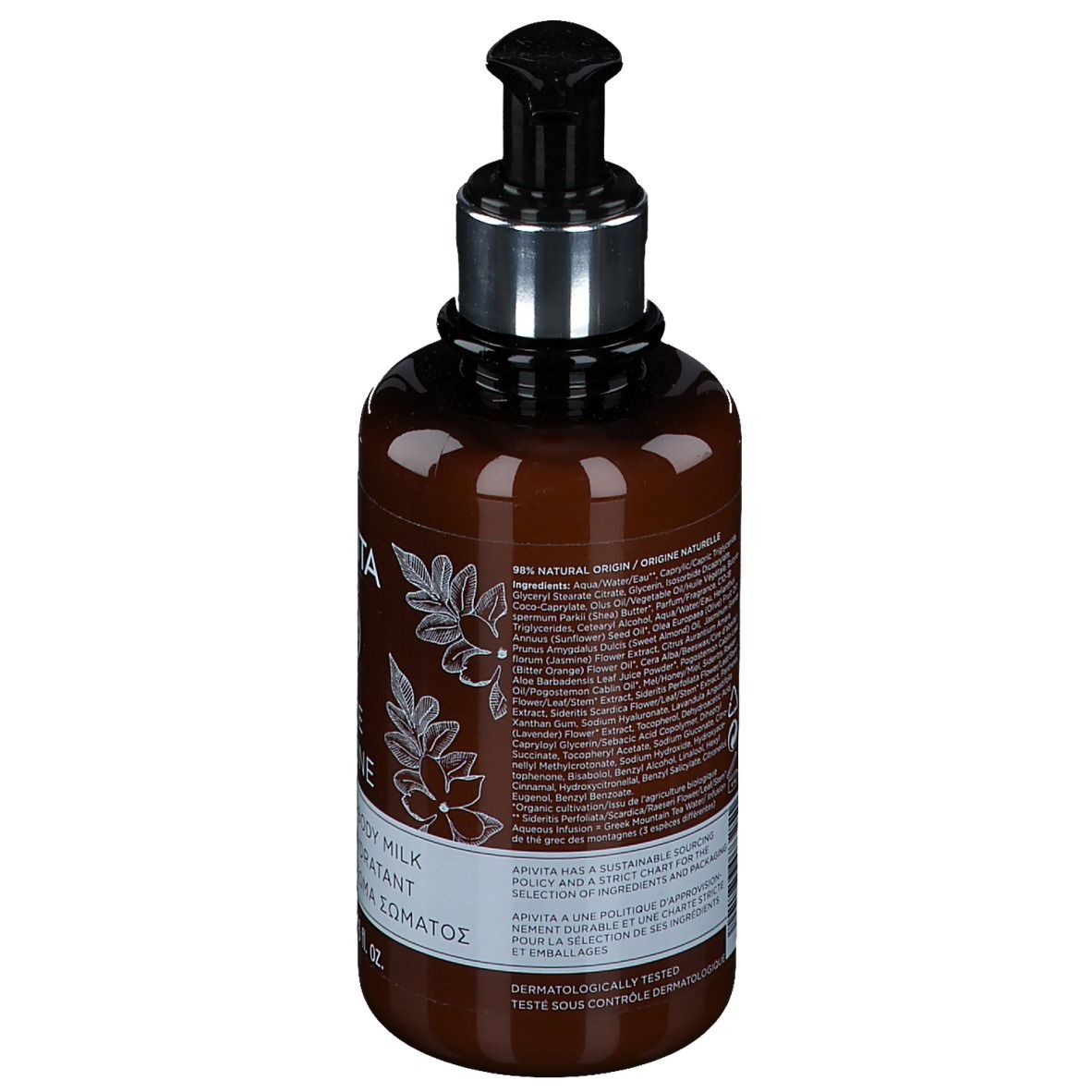 Dos du flacon. Texte: ingrédients, 98% origine naturelle, testé dermatologiquement.