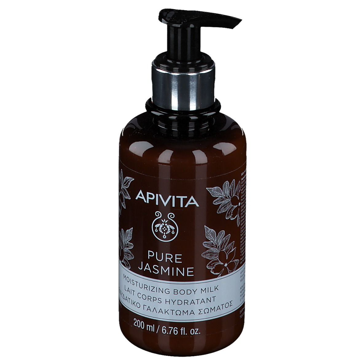 Flacon marron avec pompe. Inscription: Apivita Pure Jasmine, Lait Corps. 200 ml.