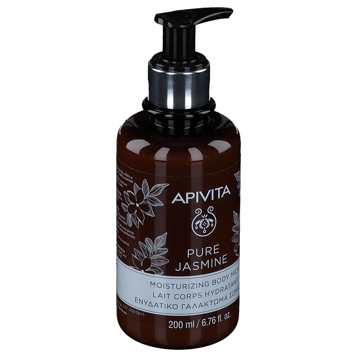 Flacon marron avec pompe. Inscription: Apivita Pure Jasmine, Lait Corps. 200 ml.