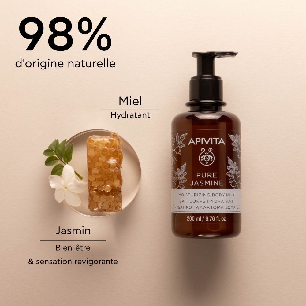 Flacon, miel, jasmin. Texte: 98% d'origine naturelle, bien-être & sensation revigorante.