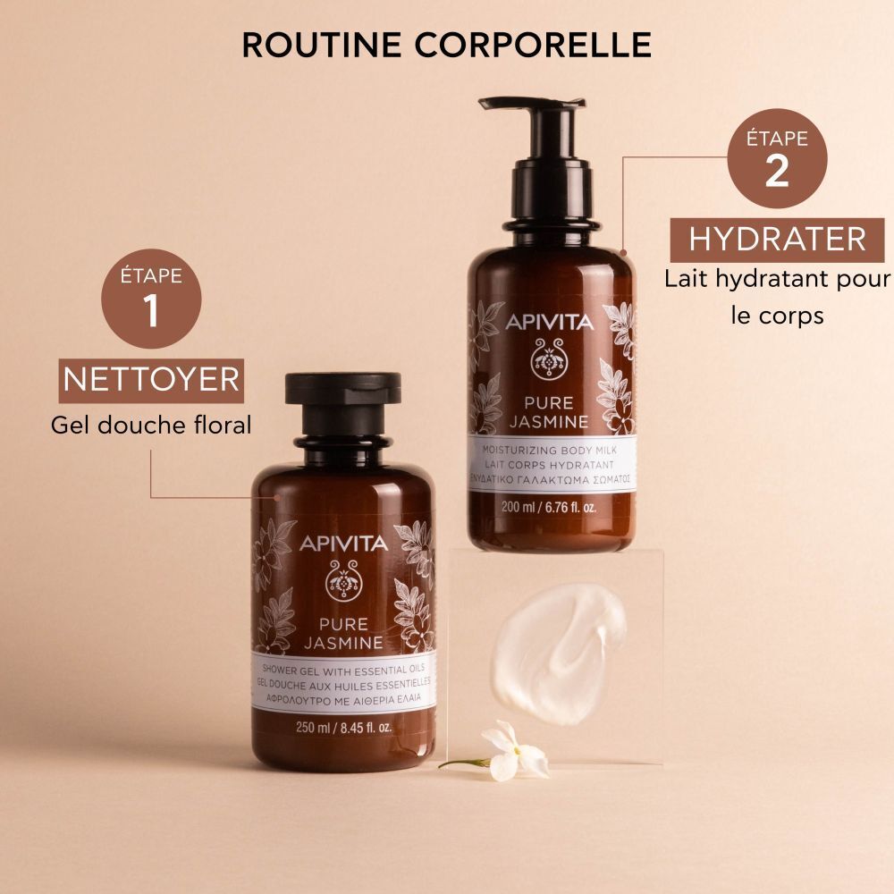 Routine: Nettoyer, gel douche floral, hydrater, lait corps. Flacons, texte.