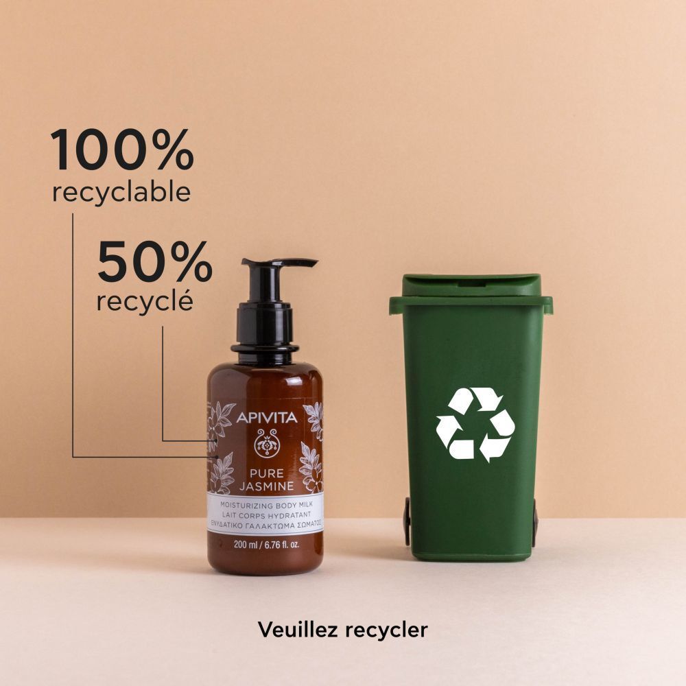 Flacon, poubelle. Texte: 100% recyclable, 50% recyclé. Veuillez recycler.