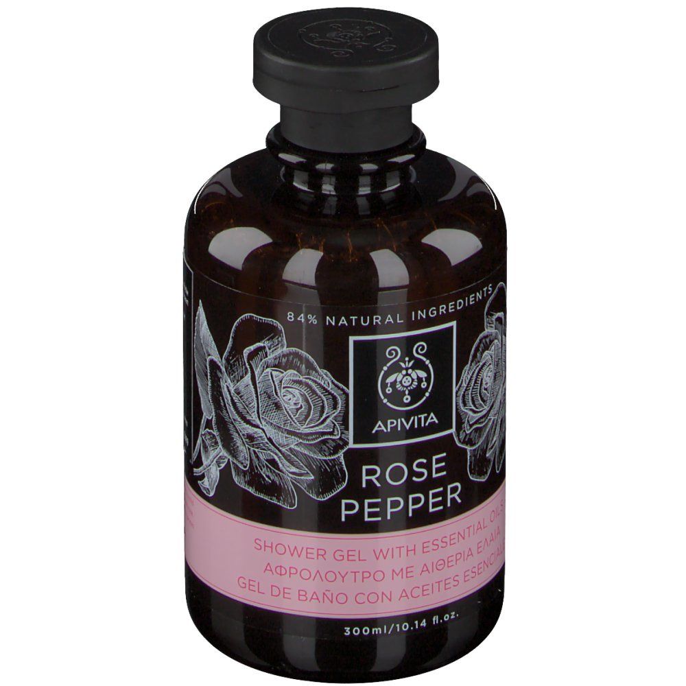 Flacon marron avec bouchon noir. Inscription: Apivita Rose Pepper. 84% ingrédients naturels. Illustration de rose.
