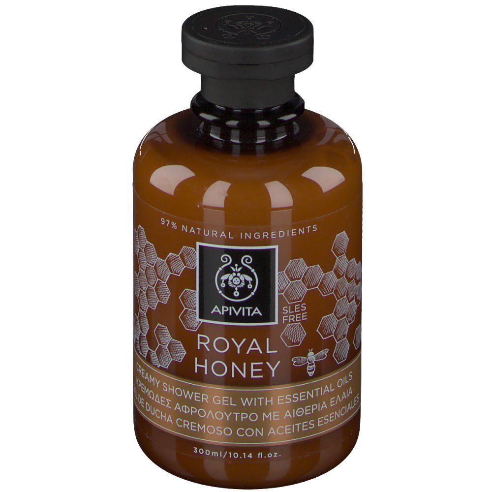 Flacon marron avec bouchon noir. Inscription: Apivita Royal Honey. Contient 97% d'ingrédients naturels. Sans SLES.