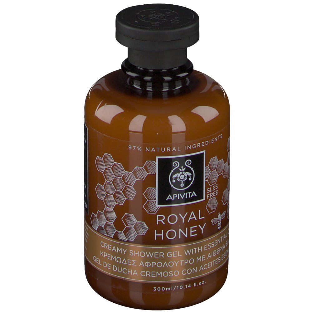 Flacon marron avec bouchon noir. Inscription: Apivita Royal Honey. Contient 97% d'ingrédients naturels. Sans SLES.
