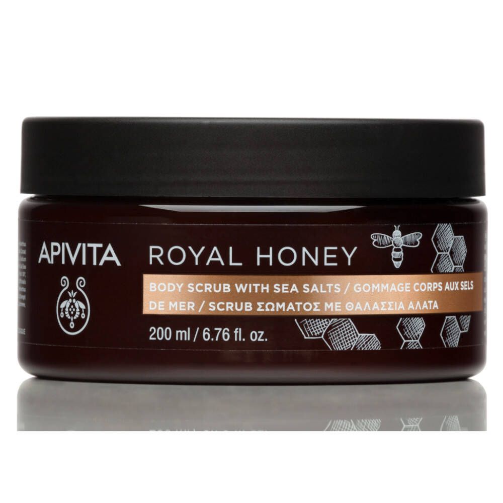Pot brun avec couvercle noir. Inscription: Apivita Royal Honey Body Scrub. Illustrations en nid d'abeilles.