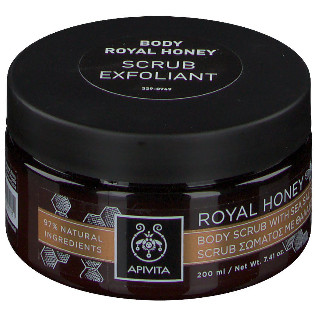 Pot brun avec couvercle noir. Inscription: Royal Honey Scrub Exfoliant. 97% ingrédients naturels.