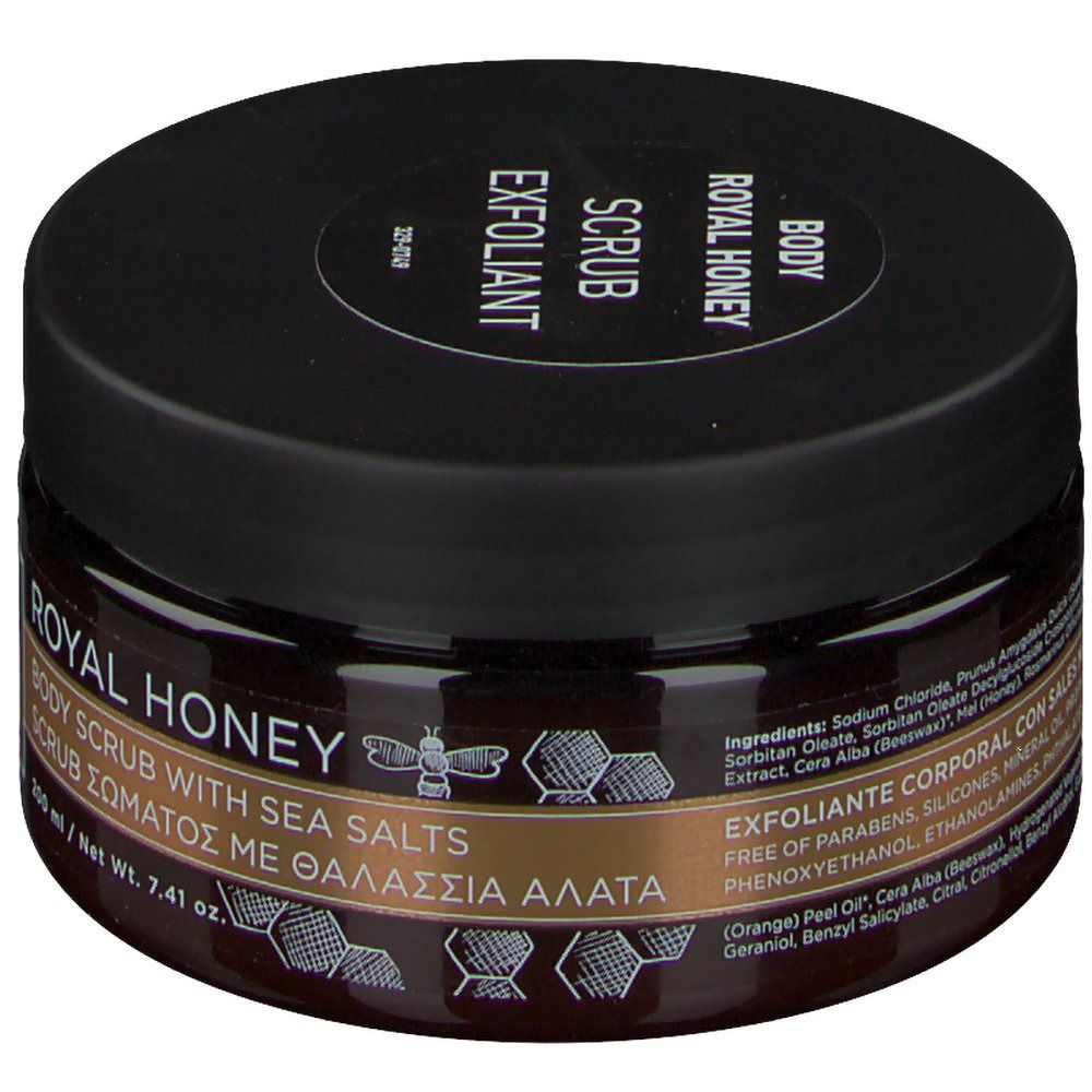 Pot brun avec couvercle noir. Inscription: Royal Honey Body Scrub. Contient du sel marin. 200 ml.