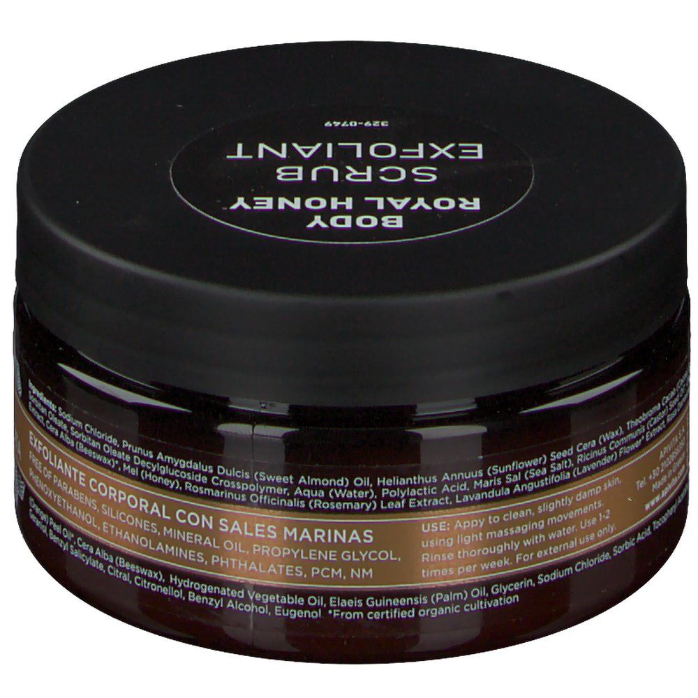 Pot brun avec couvercle noir. Inscription: Royal Honey Scrub Exfoliant. Ingrédients imprimés.