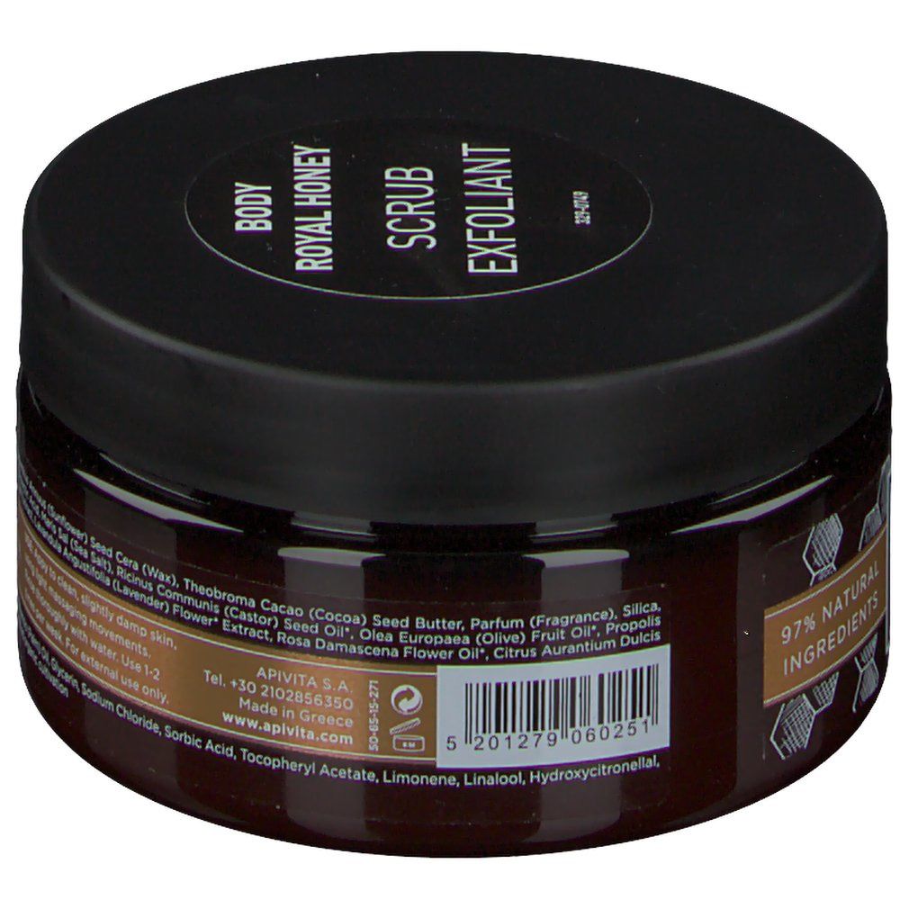Pot brun avec couvercle noir. Inscription: Royal Honey Body Scrub. 97% ingrédients naturels. Code-barres.