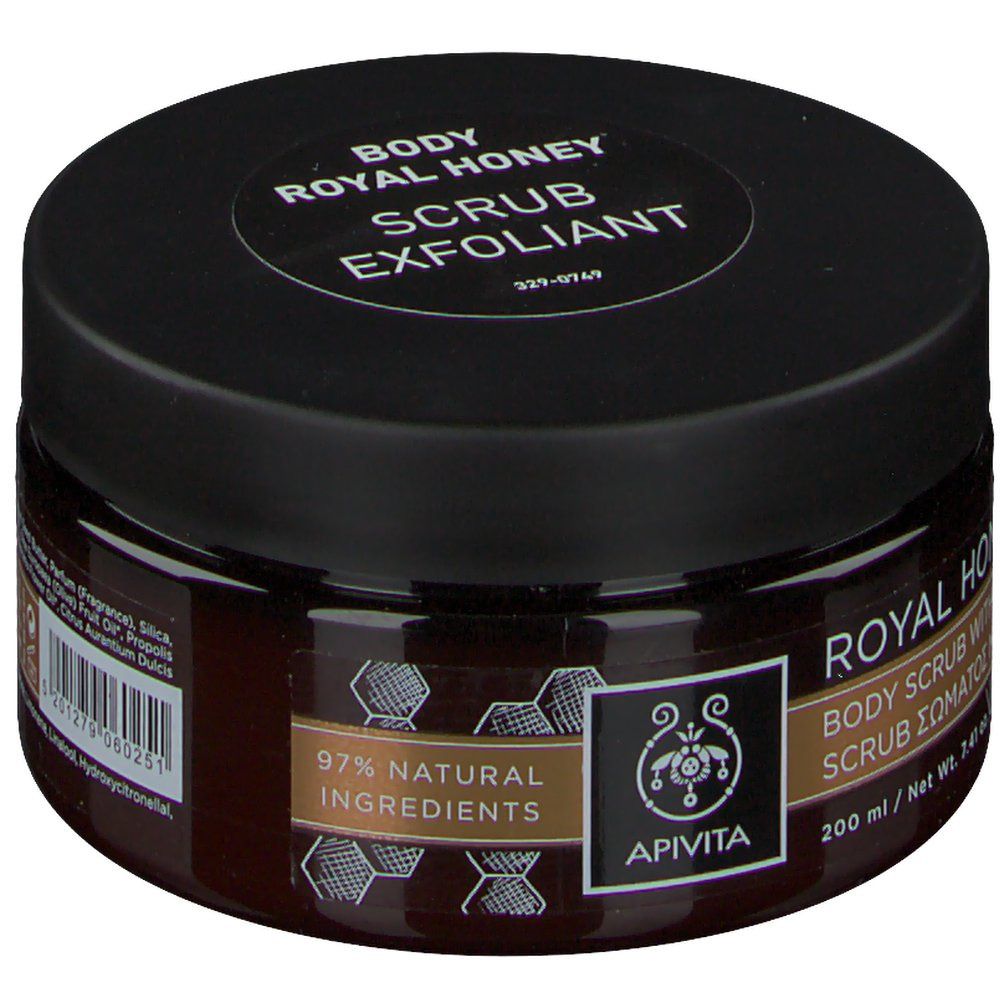 Pot brun avec couvercle noir. Inscription: Royal Honey Body Scrub. 97% ingrédients naturels. Logo Apivita.