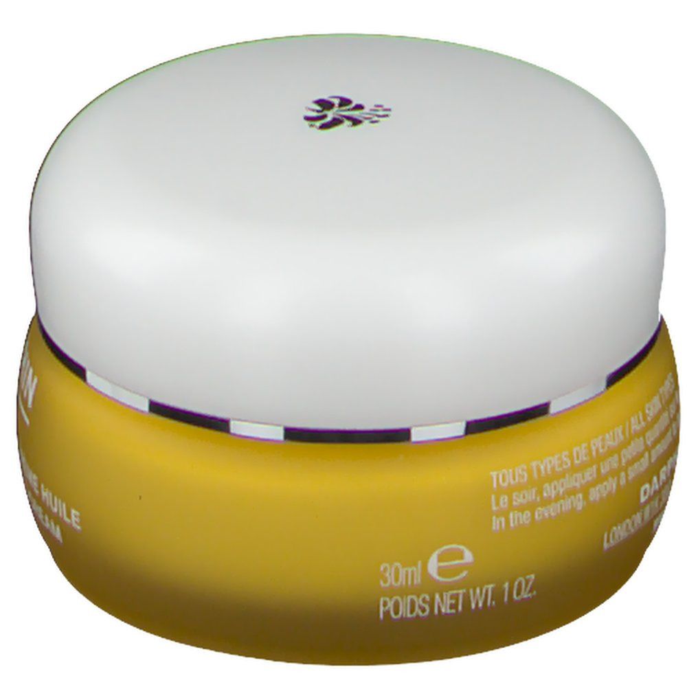 Pot doré avec couvercle blanc. Inscription : 30ml e, POIDS NET WT. 1 OZ.