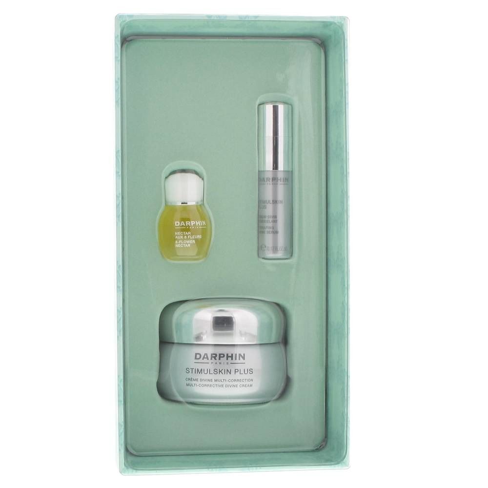 Geschenkset met drie cosmetische producten in een lichtgroene doos. Darphin Stimulskin Plus-producten zichtbaar.