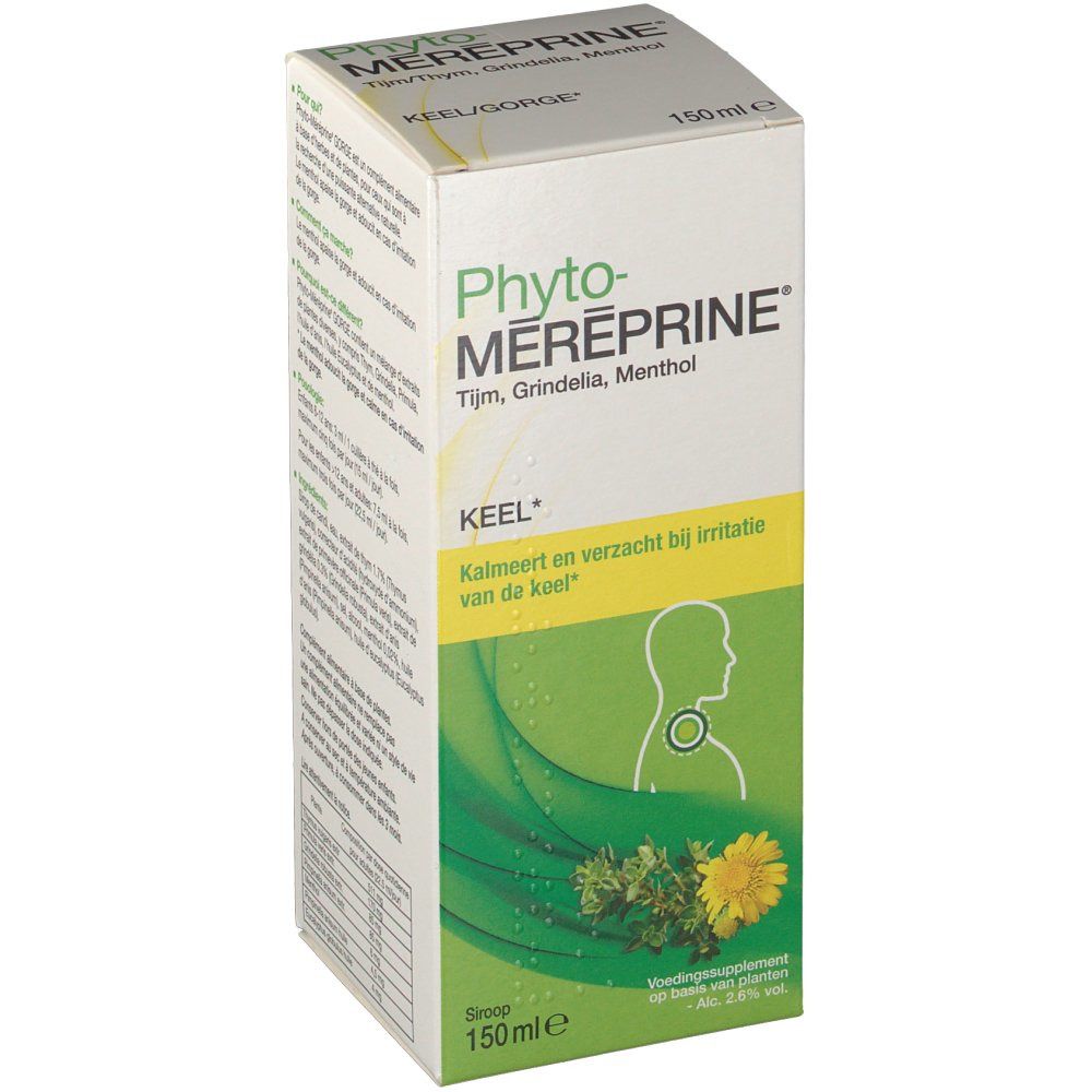 Boîte de Phyto-Méreprine. Inscription: Thym, Grindelia, Menthol. Illustration d'une gorge.