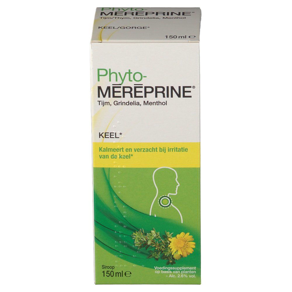 Boîte de Phyto-Méreprine. Inscription: Thym, Grindelia, Menthol. Illustration d'une gorge.