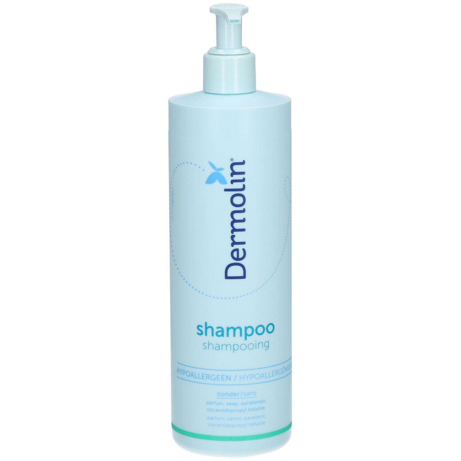 Flacon de shampooing bleu clair avec pompe. Inscription : Dermolin, Shampooing, hypoallergénique.