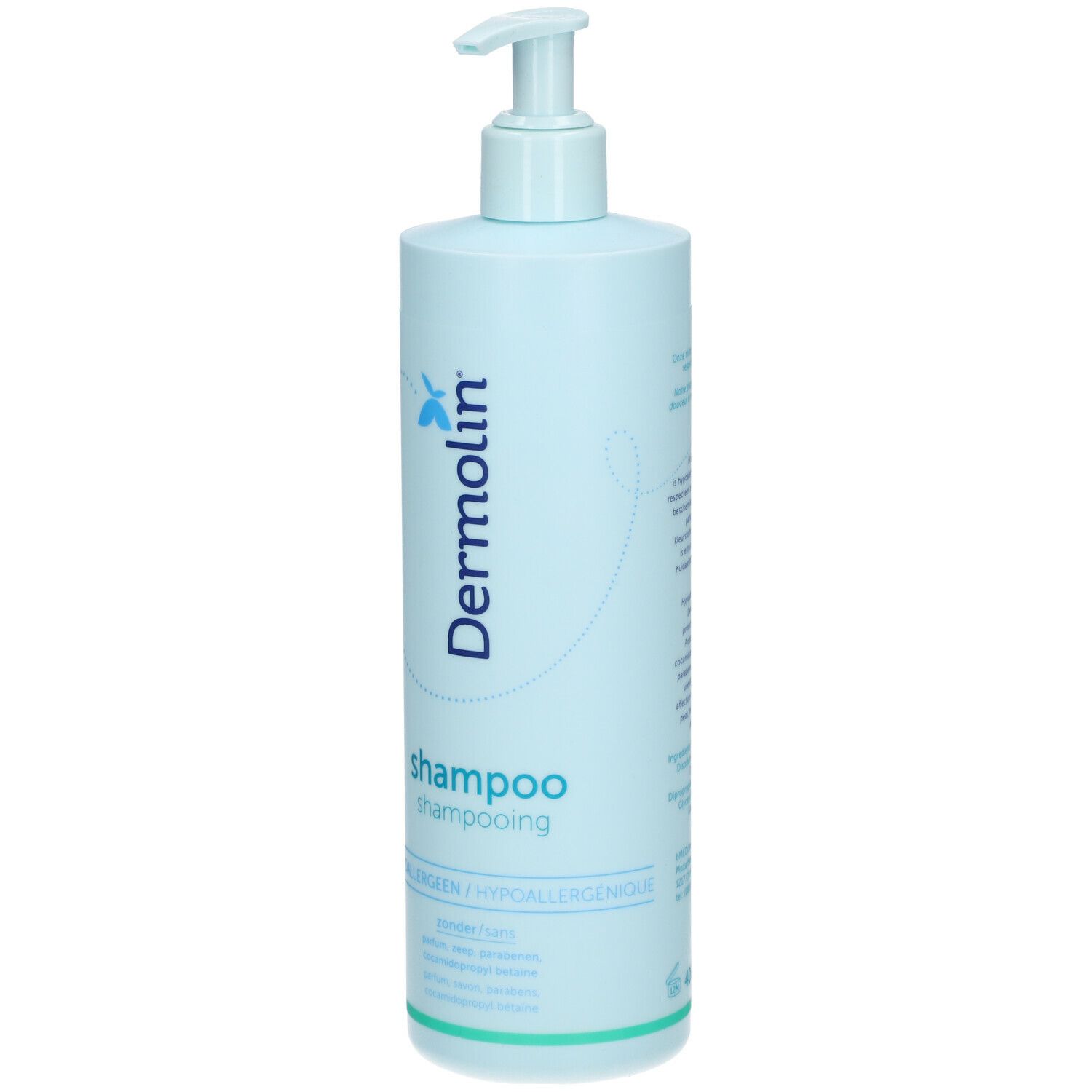Flacon de shampooing bleu clair avec pompe. Inscription : Dermolin, Shampooing, hypoallergénique.