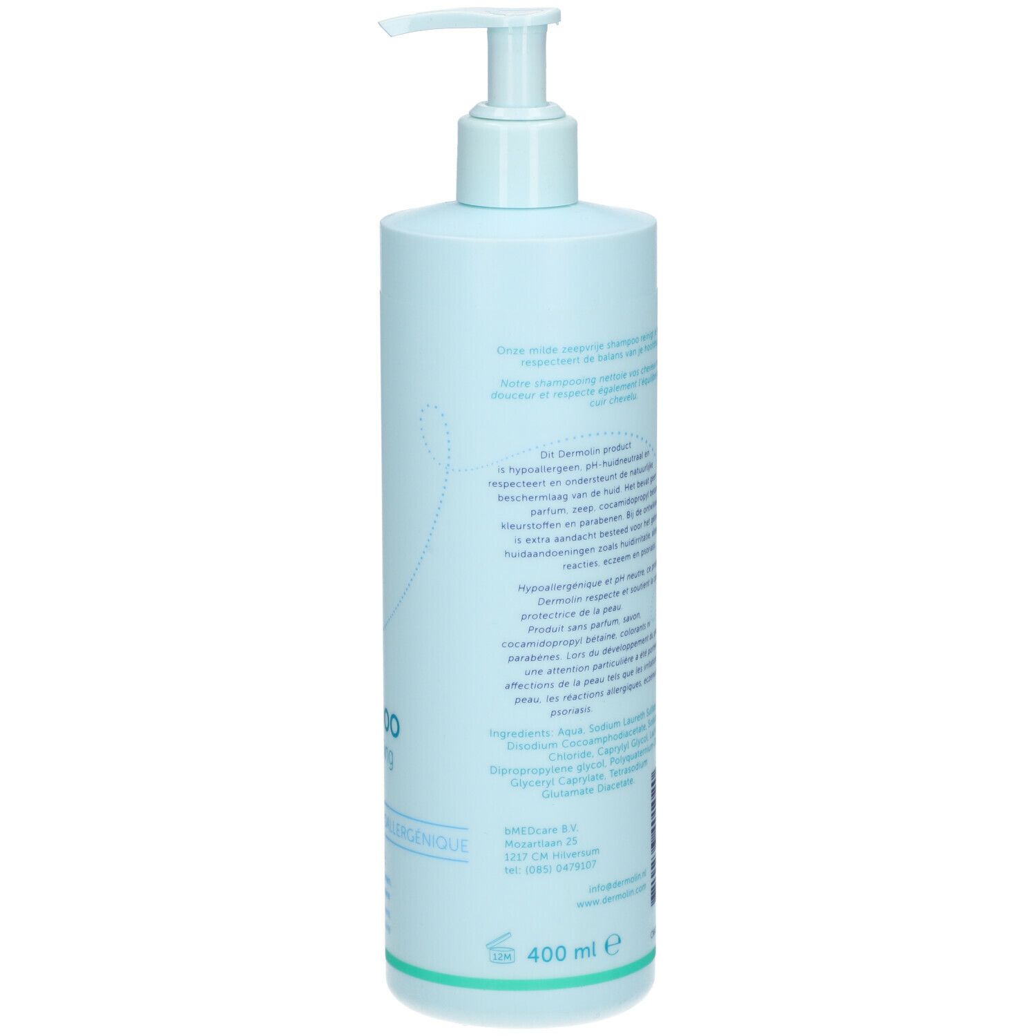 Flacon de shampooing bleu clair avec pompe. Dos avec texte et indication de volume : 400 ml. Pas de marque visible.