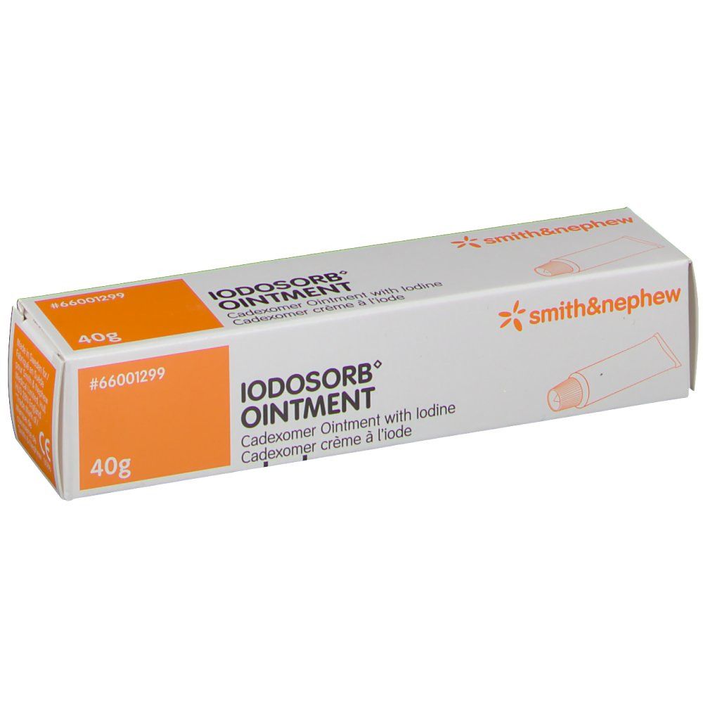Scatola di Iodossorb® Ointment. Dettagli arancioni. Marchio Smith & Nephew. 40g.