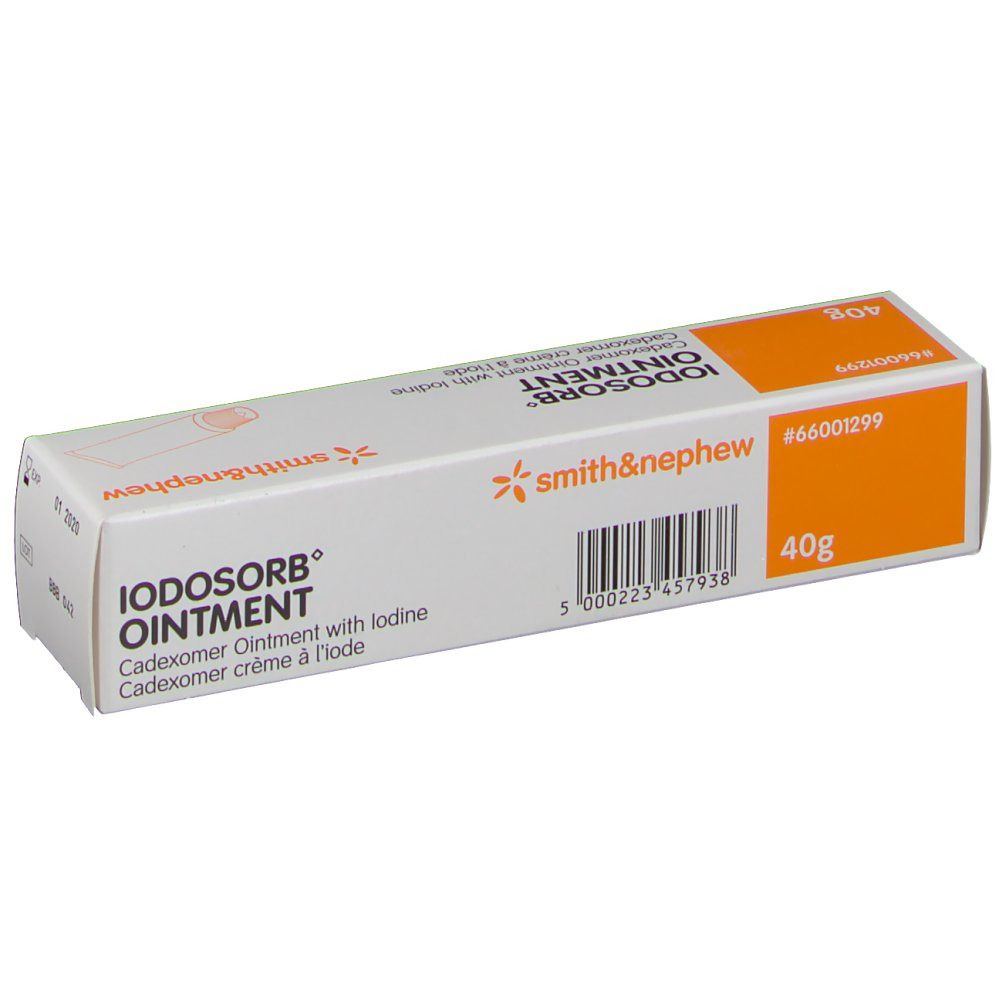 Scatola Iodossorb® Ointment. Area arancione. Marchio Smith & Nephew. 40g. Codice a barre.