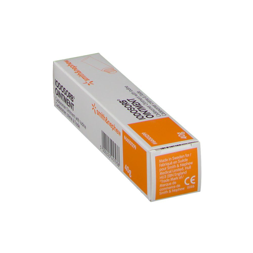 Scatola Iodossorb® Ointment. Area arancione. Marchio Smith & Nephew. 40g. Marchio CE.