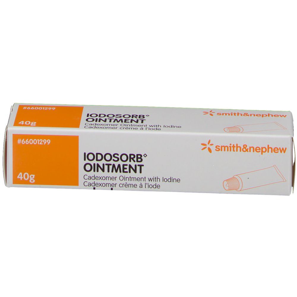 Scatola Iodossorb® Ointment. Area arancione. Marchio Smith & Nephew. 40g.