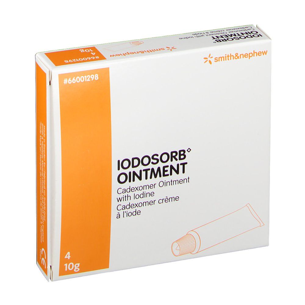 Weißer Karton mit Produktbezeichnung und Logo. Enthält 4 Tuben. Aufdruck: IODOSORB OINTMENT.