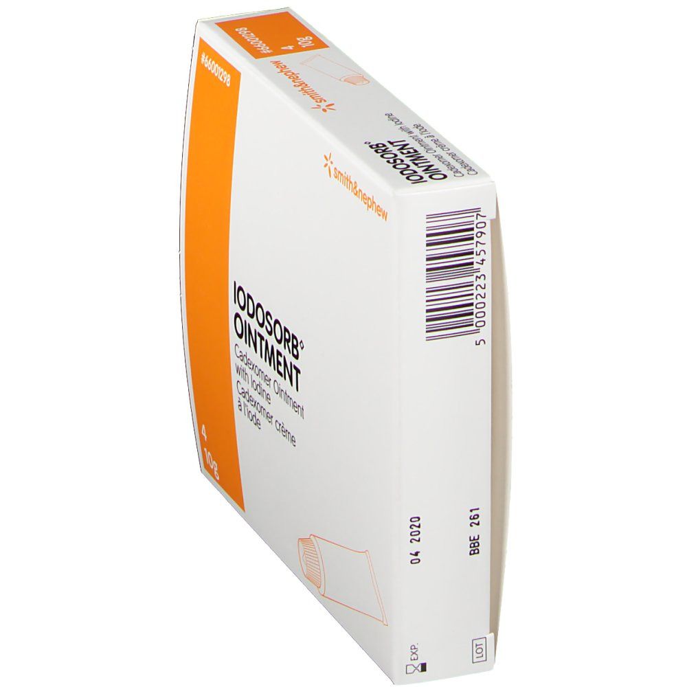 Schräg gestellte weiße Schachtel mit orangefarbenem Akzent. Aufdruck: IODOSORB OINTMENT. Enthält 4 Tuben.